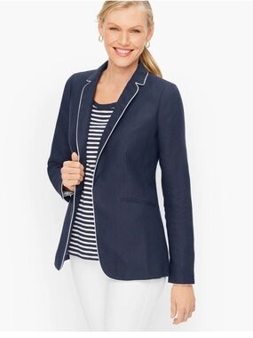 Talbots Navy Linen Blazer Size 12 White Trim Classic Preppy Coastal Quiet Luxury